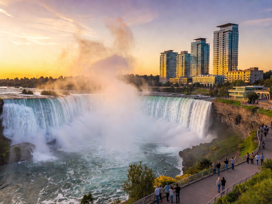 Hotel resort exterior prominently built on a cliff overlooking Horseshoe Falls in Niagara