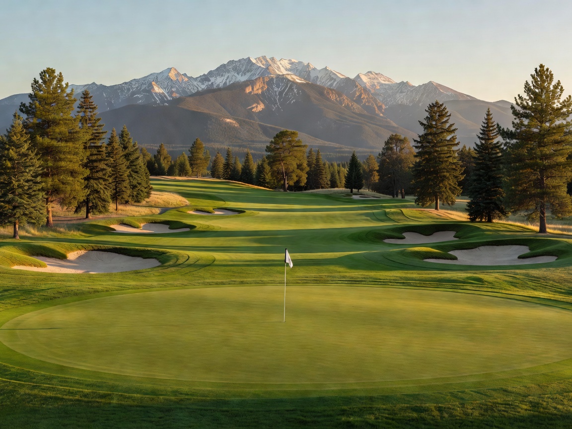 Integrated golf resort course with mountain backdrop representing St. Eugene